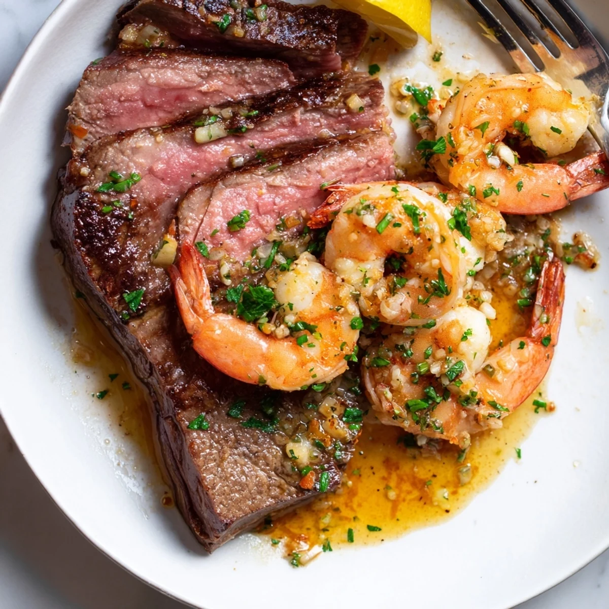 Golden pan-seared steak topped with succulent garlic butter shrimp and fresh parsley