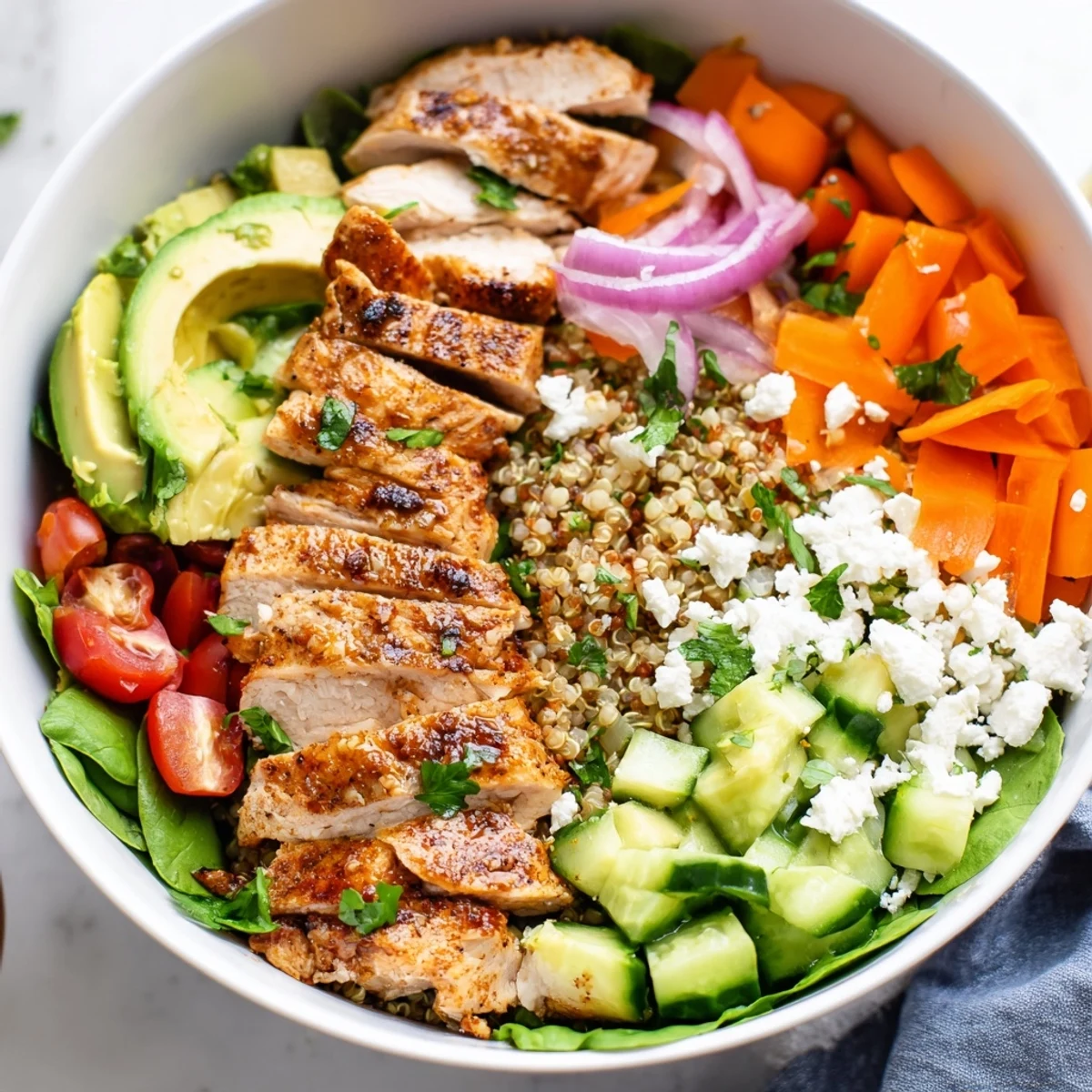 Hearty chicken grain bowl featuring colorful fresh vegetables and creamy avocado slices