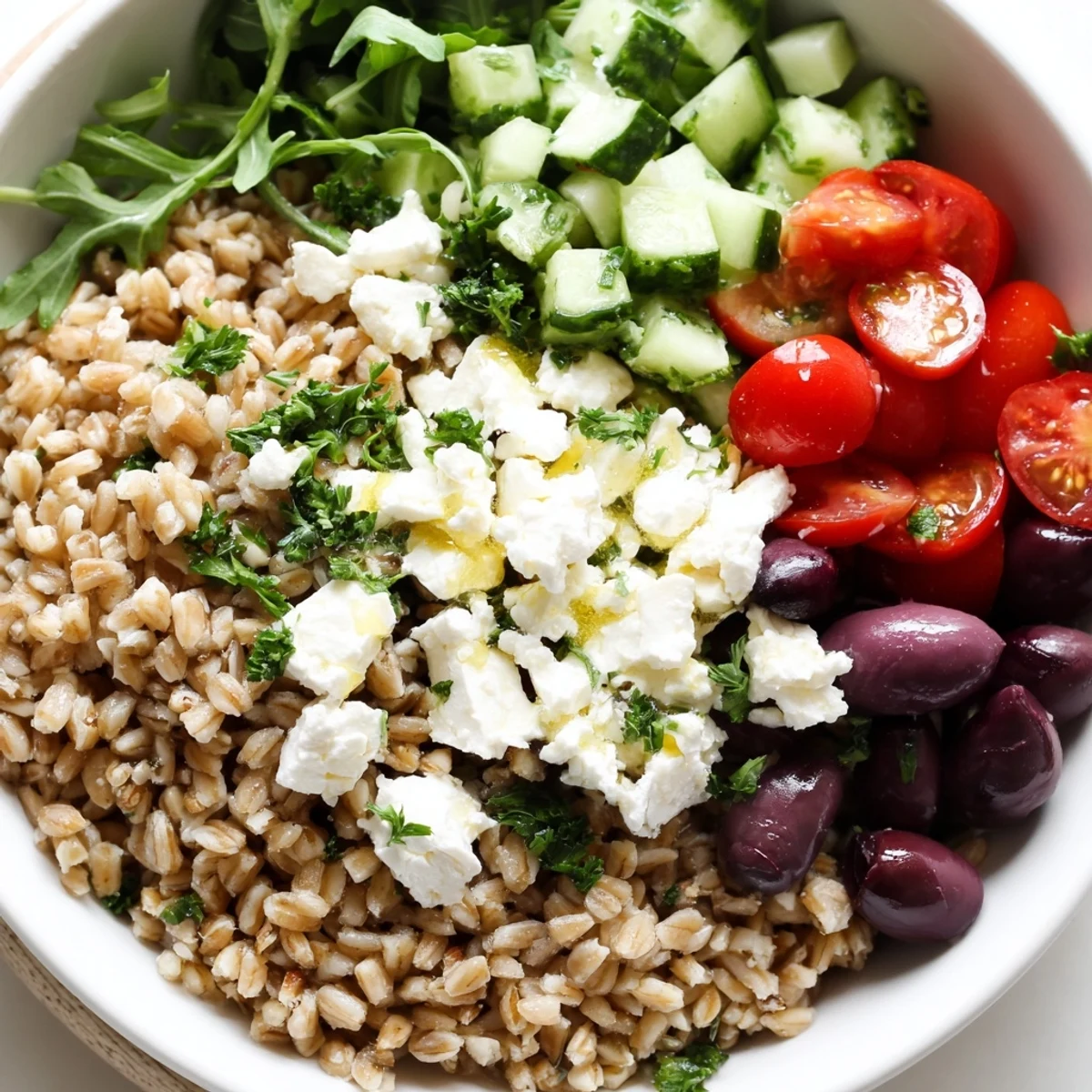 Colorful Mediterranean Grain Bowl topped with juicy tomatoes, crumbled feta, and fresh herbs