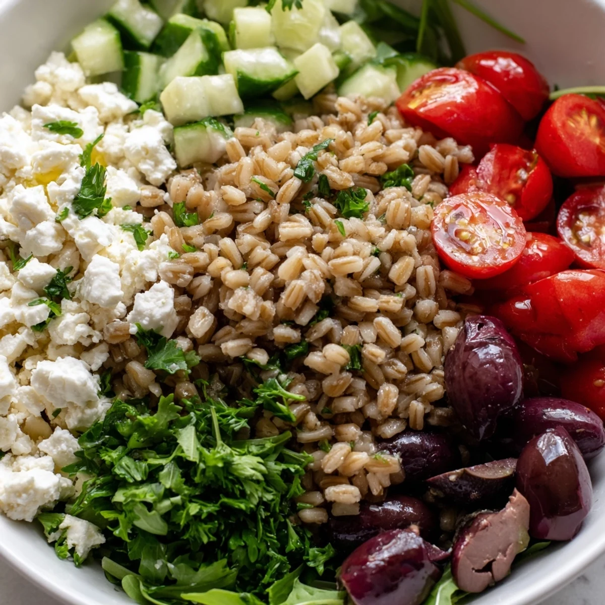 Steaming Mediterranean Grain Bowl drizzled with bright lemon herb dressing in a rustic ceramic dish