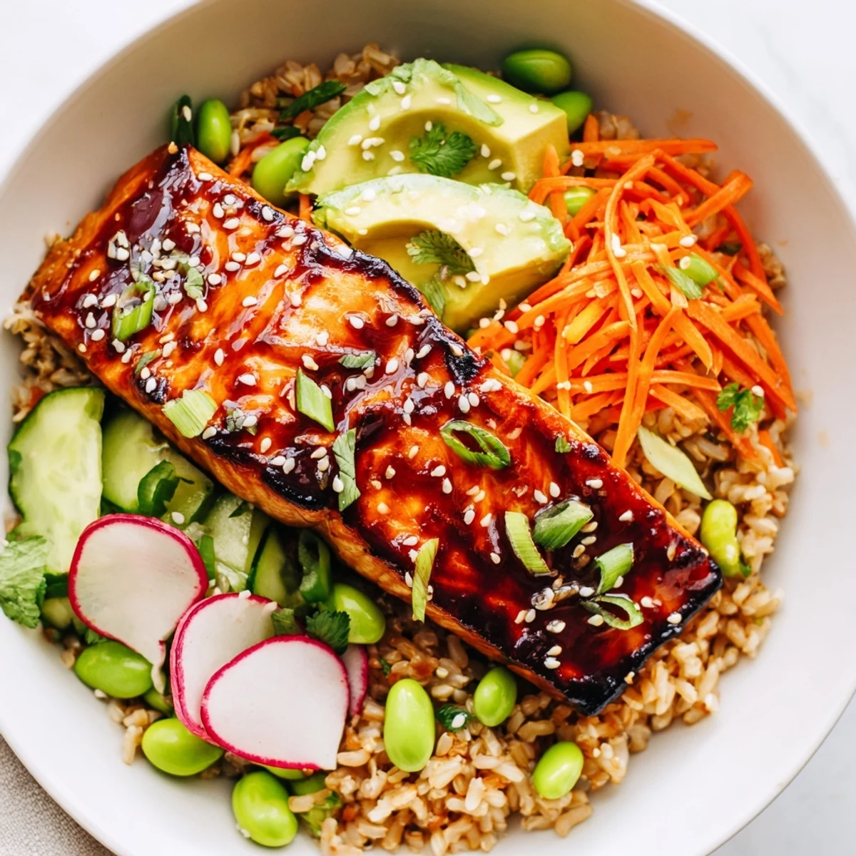 Caramelized salmon fillet over brown rice with crisp vegetables and fresh herbs in this Asian Salmon Grain Bowl