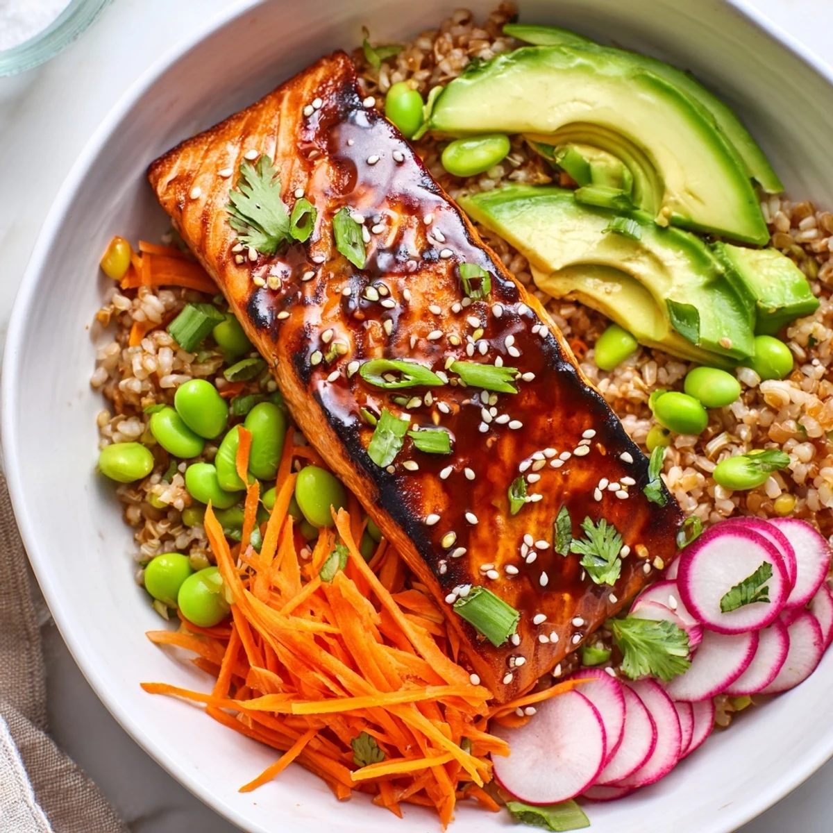 Glistening Asian Salmon Grain Bowl topped with avocado, edamame, and sesame seeds