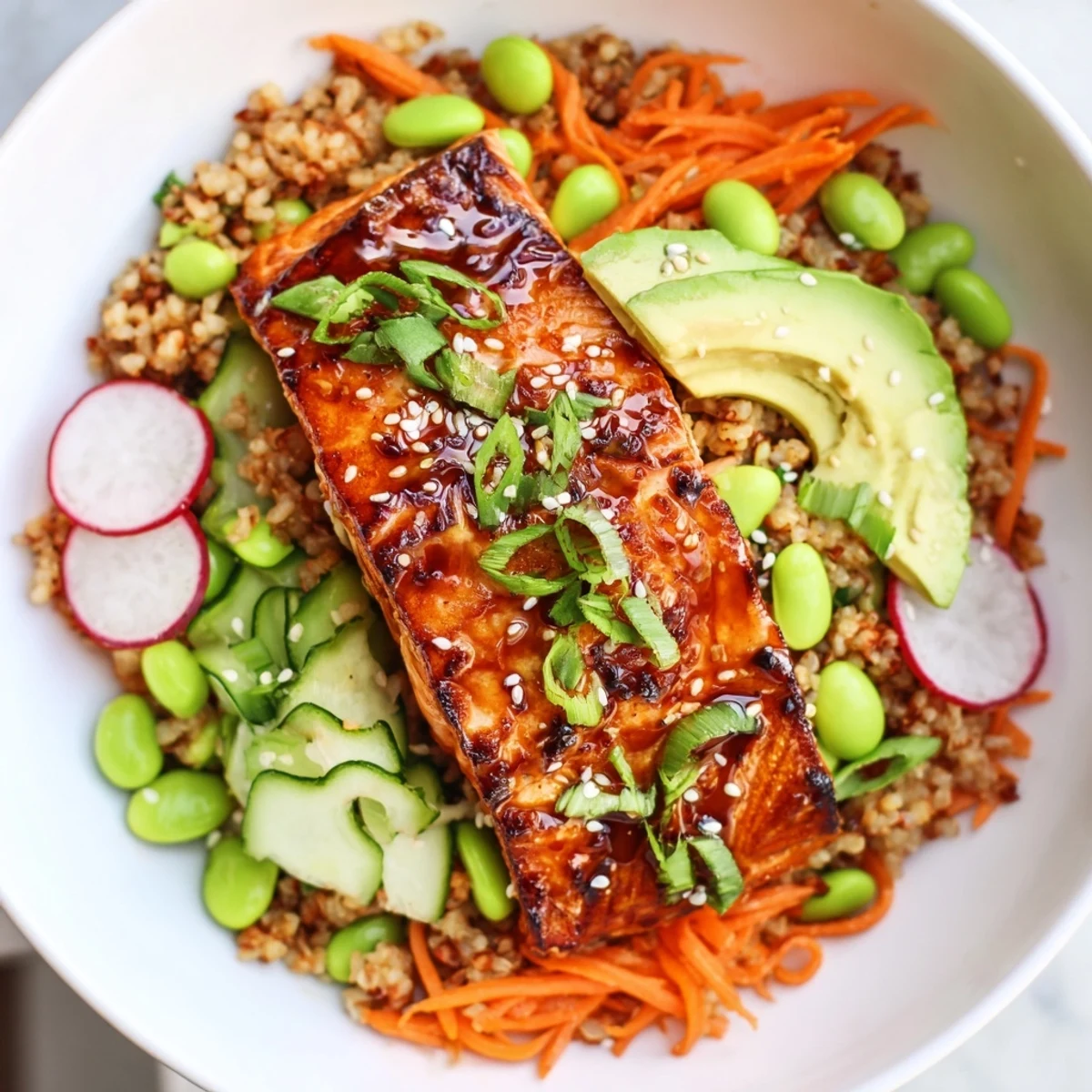 Colorful Asian Salmon Grain Bowl arranged on rustic wood beside chopsticks and lime wedges
