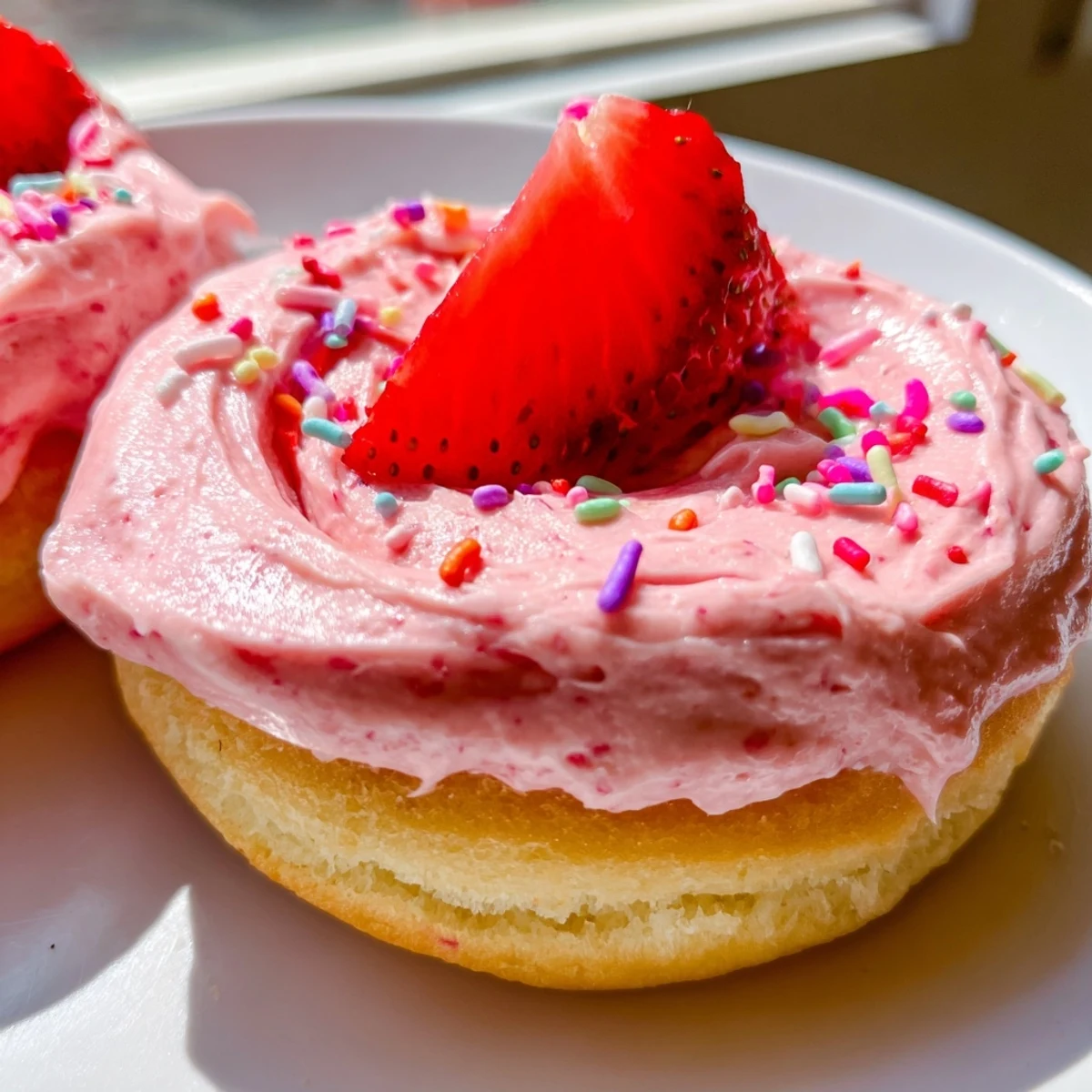 Golden baked Strawberry Buttercream Frosted Donuts topped with swirls of pink frosting on a rustic plate.