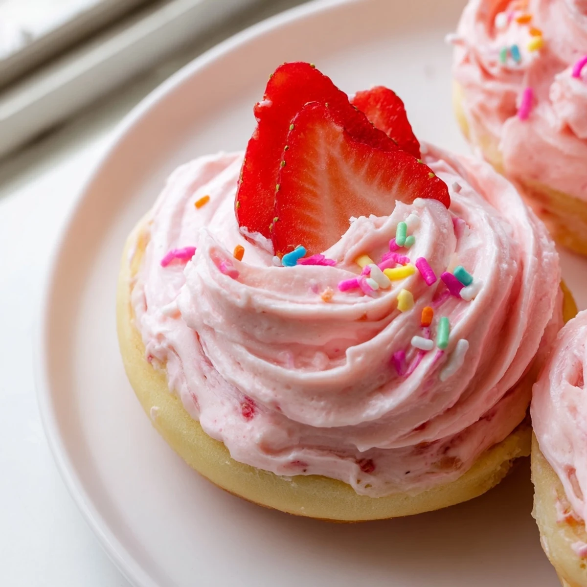 Pillowy Strawberry Buttercream Frosted Donuts piped high with creamy berry icing and fresh strawberry slices.
