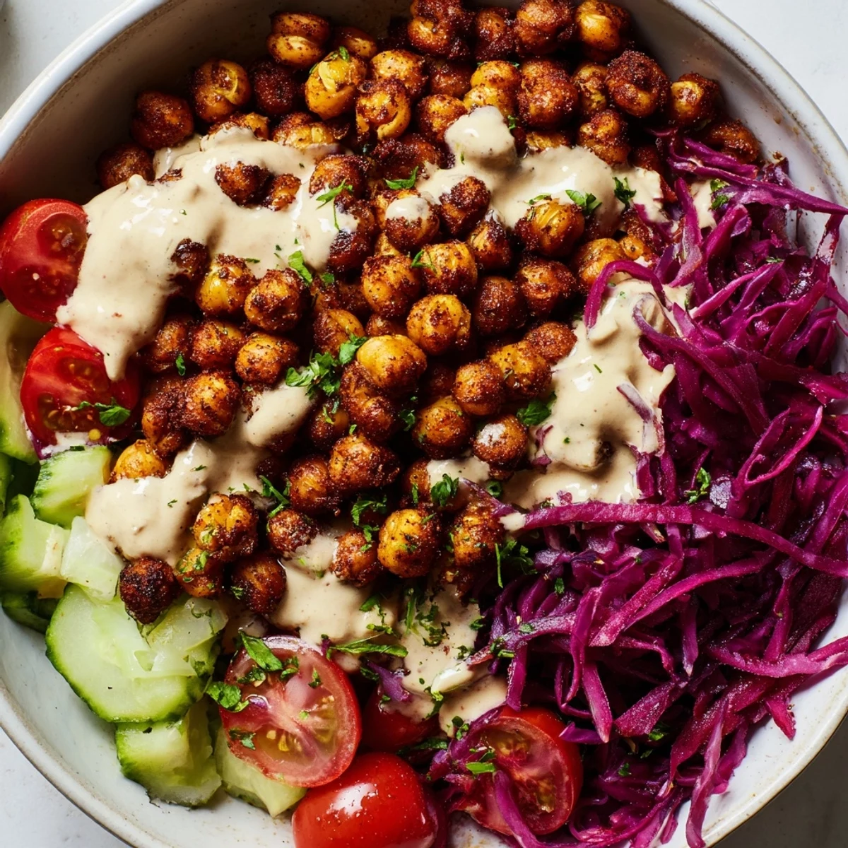 Golden crispy chickpea shawarma bowl drizzled with creamy tahini over fresh greens and vegetables