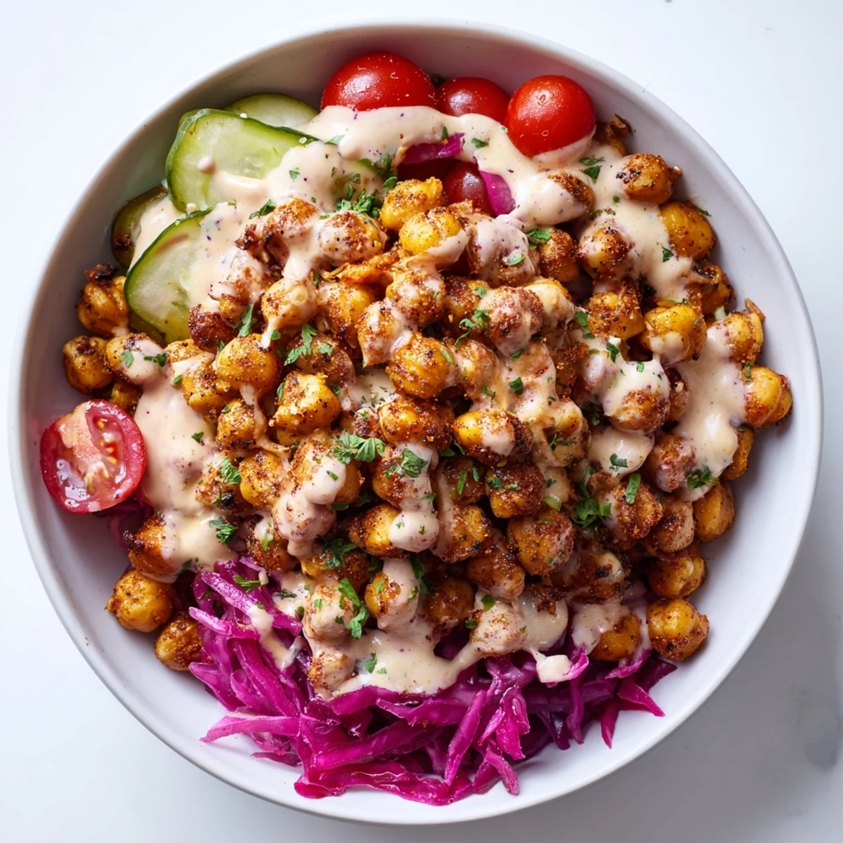 Colorful chickpea shawarma bowl featuring spiced roasted chickpeas, tangy pickles, and bright lemon wedges