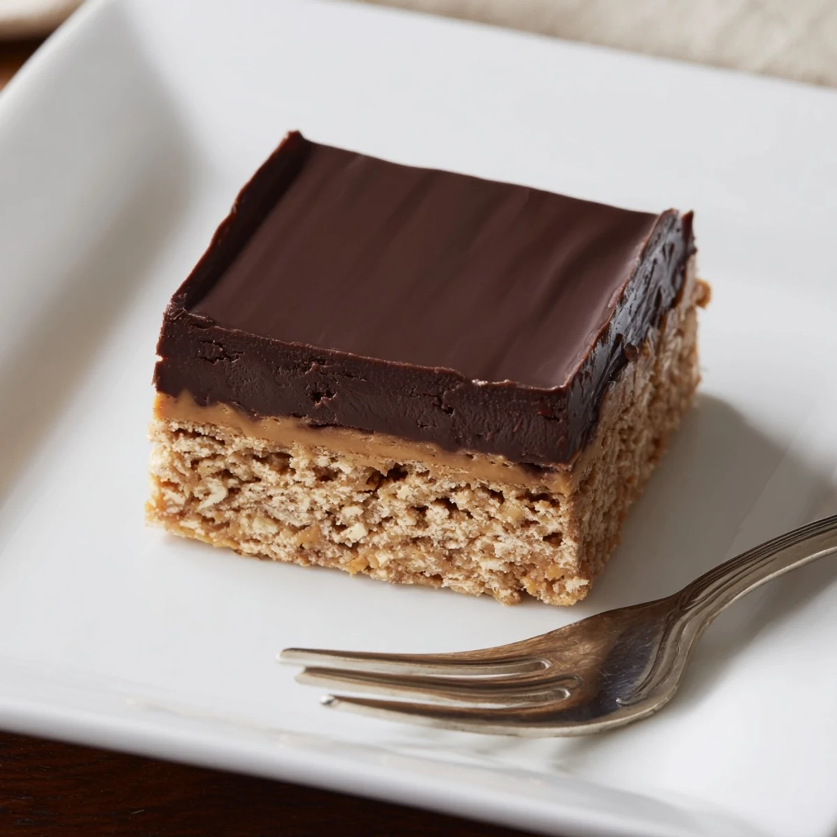 Golden peanut butter bars layered with glossy melted chocolate topping, cut into neat squares