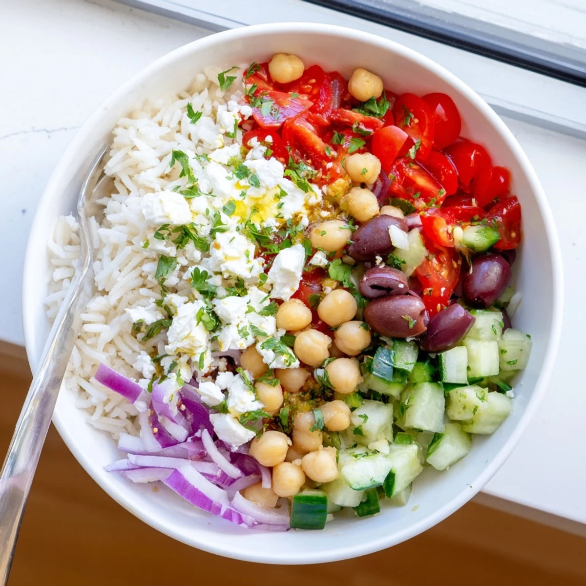 Colorful Mediterranean rice bowl topped with crisp cucumbers, cherry tomatoes, and crumbled feta cheese