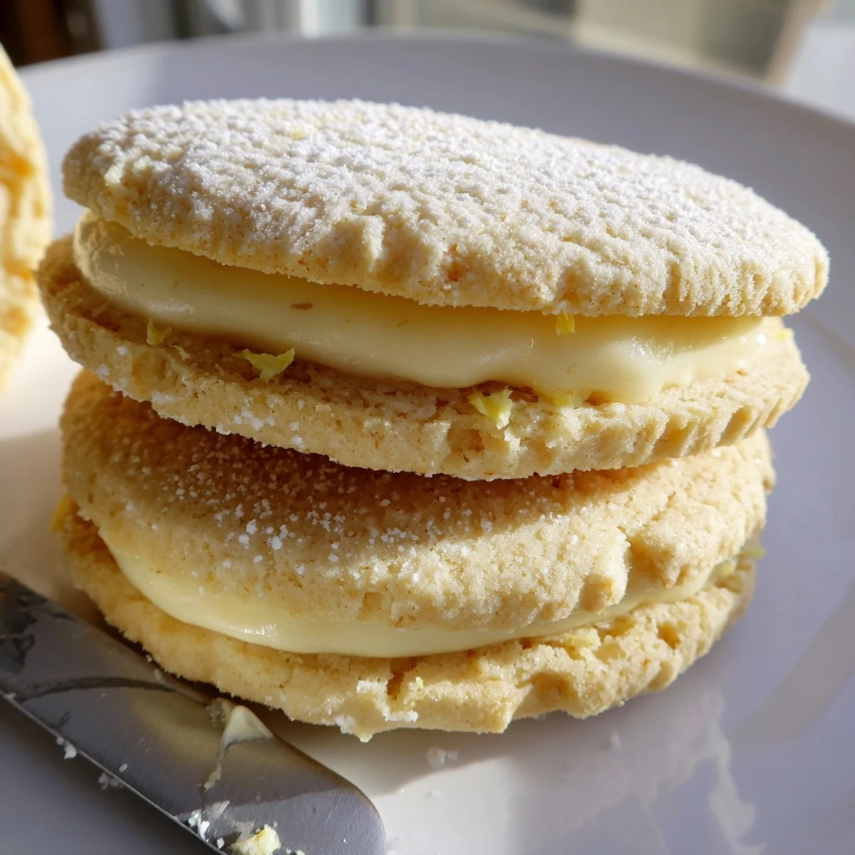 Golden vegan lemon sandwich cookies with thick citrus cream on a rustic plate