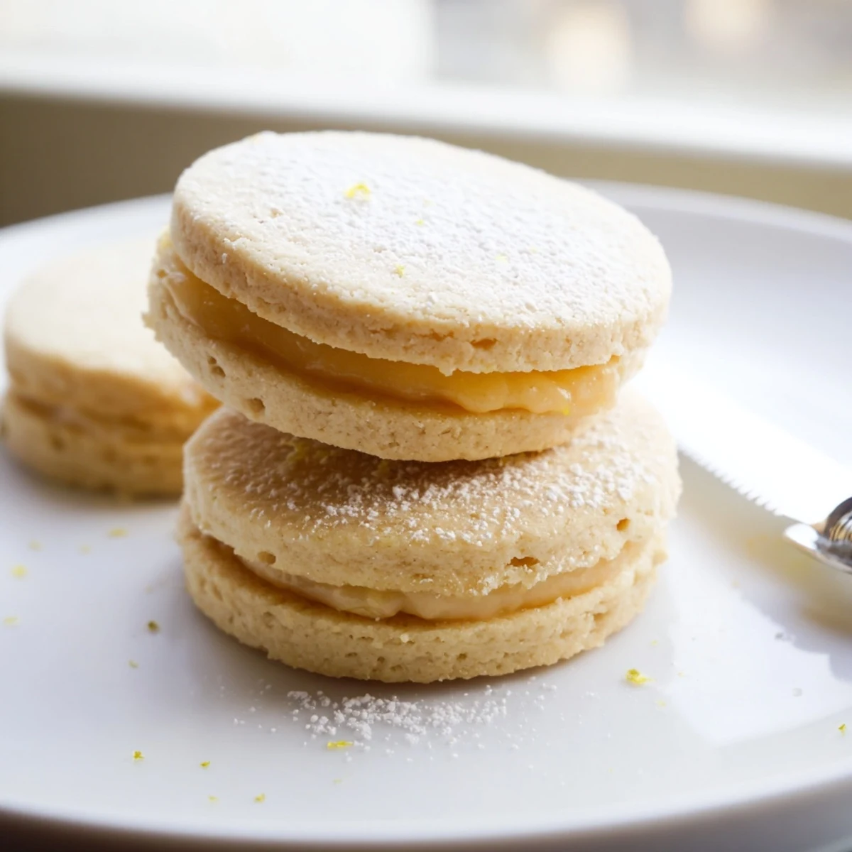 Crispy vegan lemon sandwich cookies filled with bright yellow buttercream stacked three high
