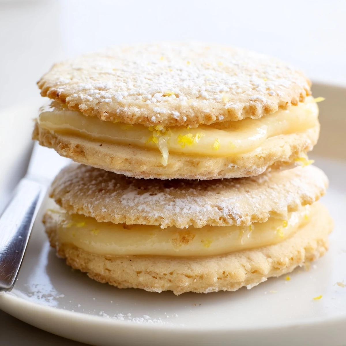 Dusted vegan lemon sandwich cookies cut open to reveal a tangy creamy center