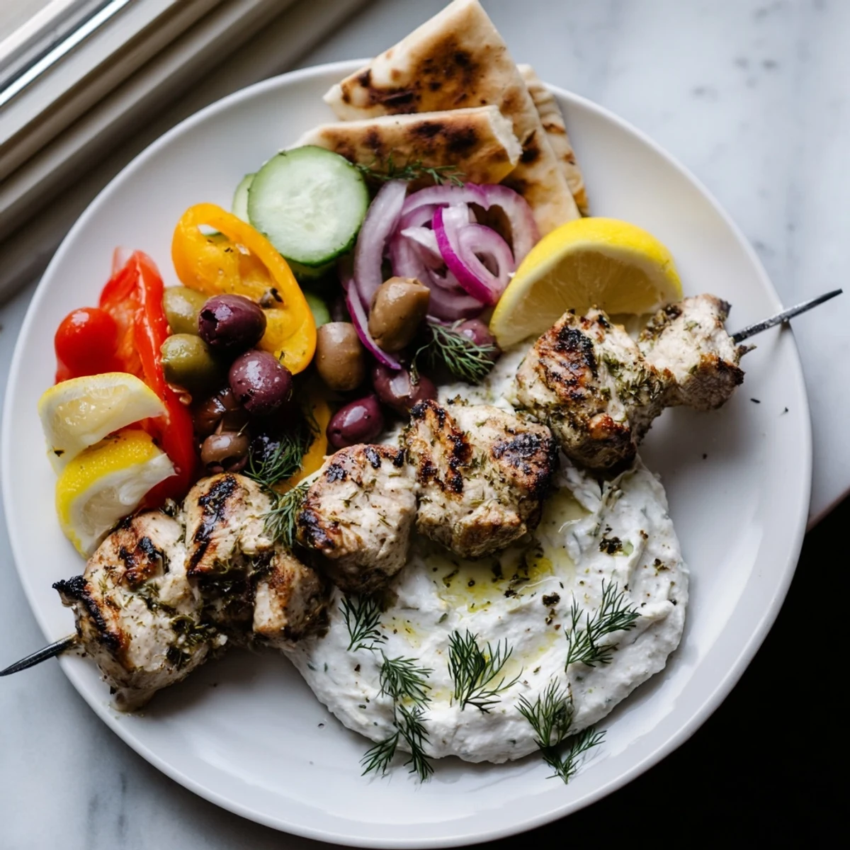 Greek chicken souvlaki grazing board with charred skewers, creamy garlic feta, and fresh vegetables