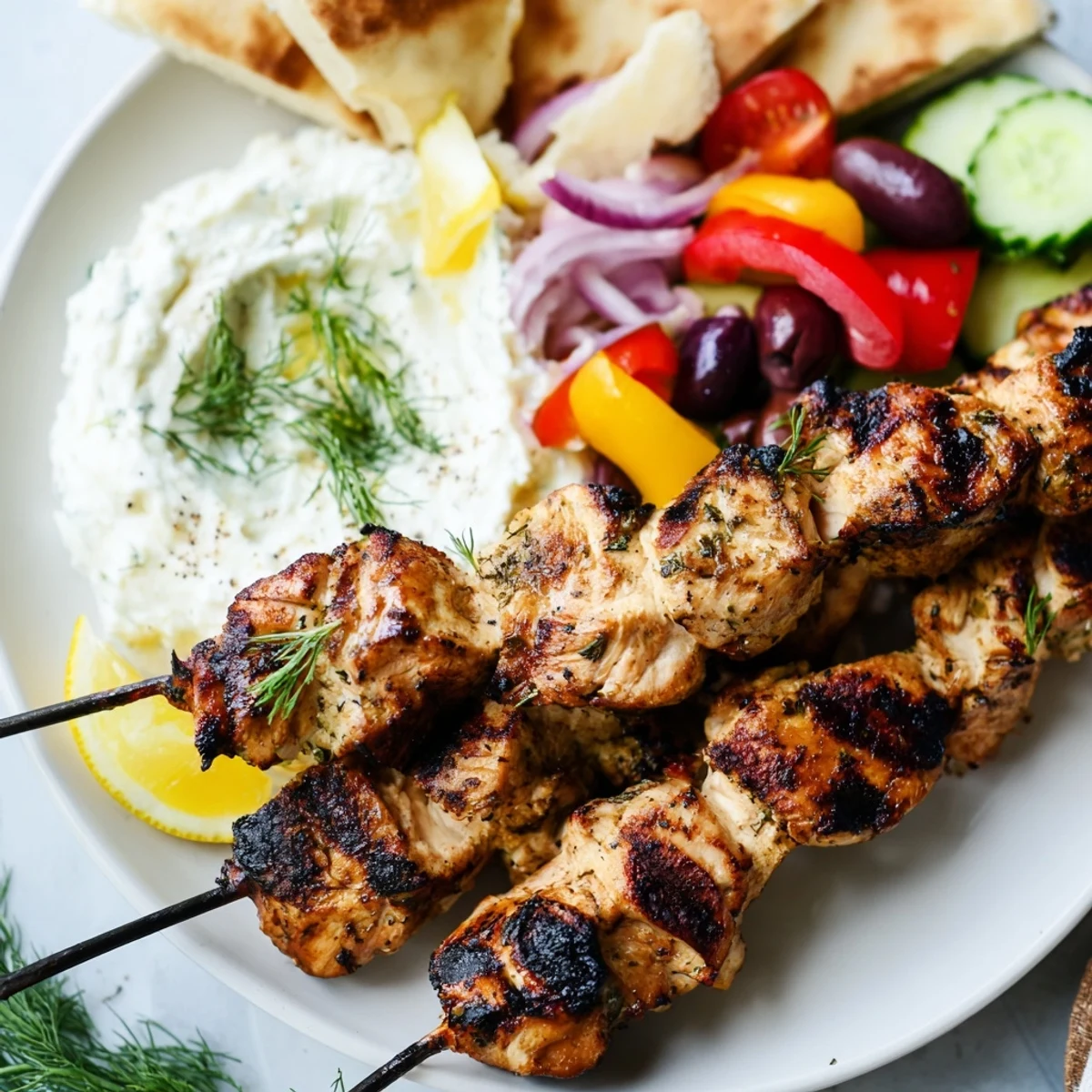Juicy grilled Greek chicken souvlaki served alongside whipped garlic feta dip and warm pita