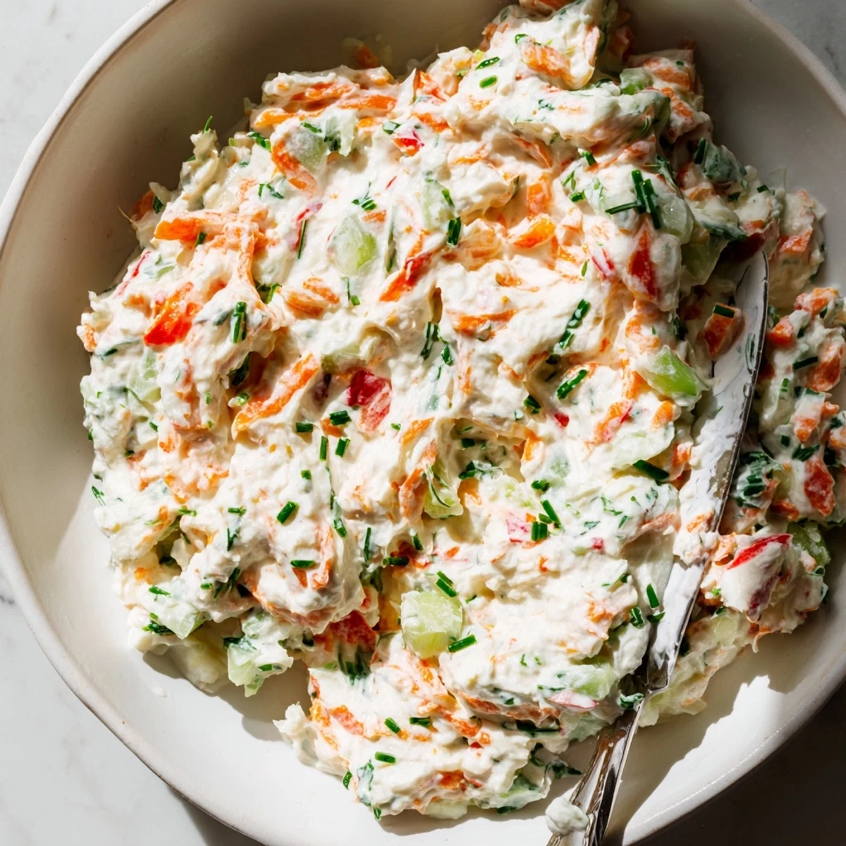 Vibrant garden vegetable spread in a bowl surrounded by toast points and raw veggies