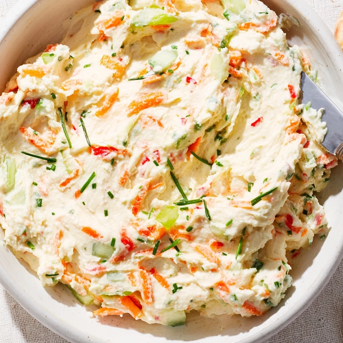 Smooth garden vegetable spread garnished with chives and lemon zest on a rustic cutting board