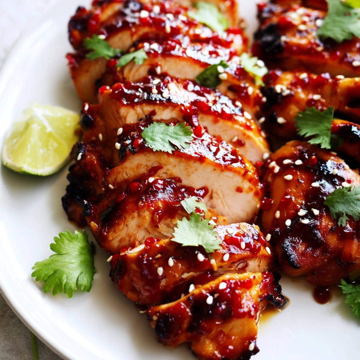 Glossy sweet chili grilled chicken basted on grill grates with caramelized edges and herb garnish