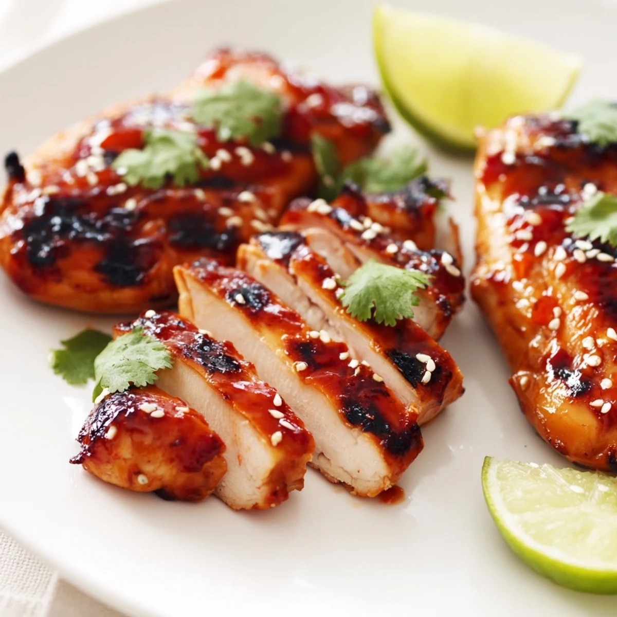 Juicy sweet chili grilled chicken sliced on a platter with sesame seeds and lime wedges