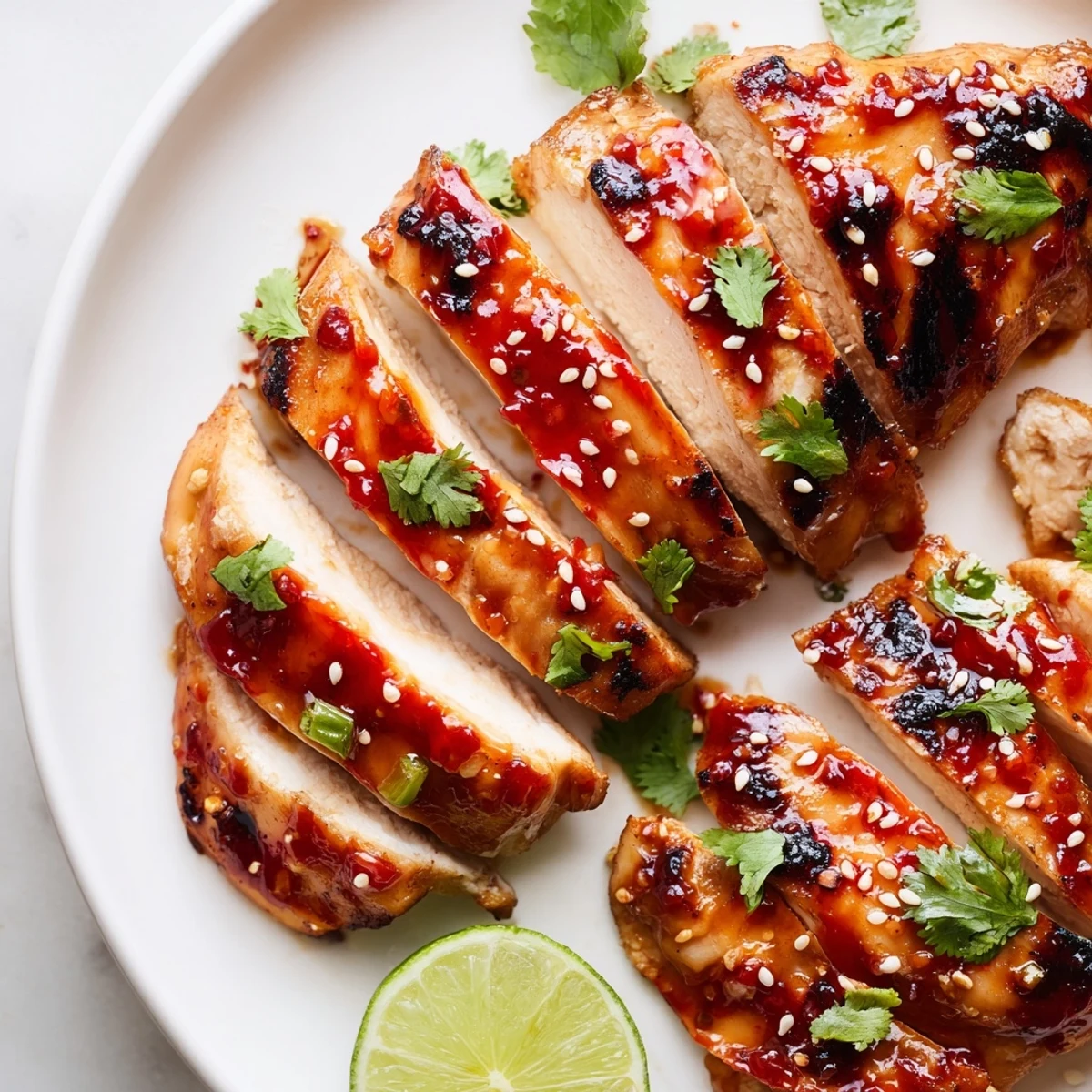 Tender sweet chili grilled chicken served over jasmine rice with fresh cilantro and vibrant glaze