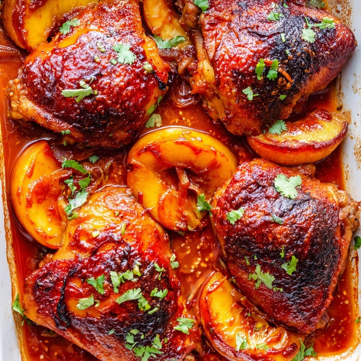 Golden chicken thighs glazed with sticky peach BBQ sauce and caramelized fruit slices