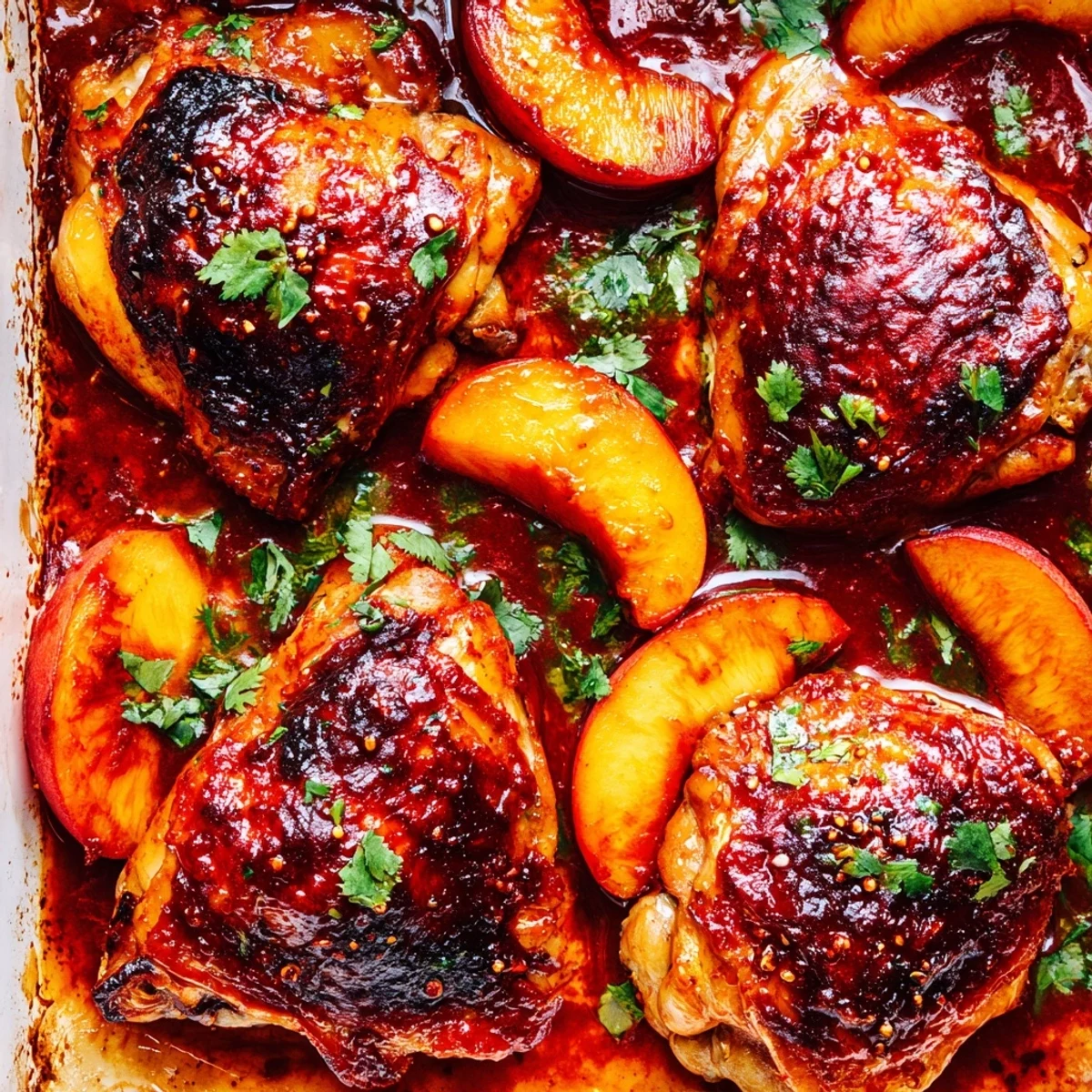 Roasted Peach BBQ Chicken Bake with glistening caramelized peaches on a rustic baking dish