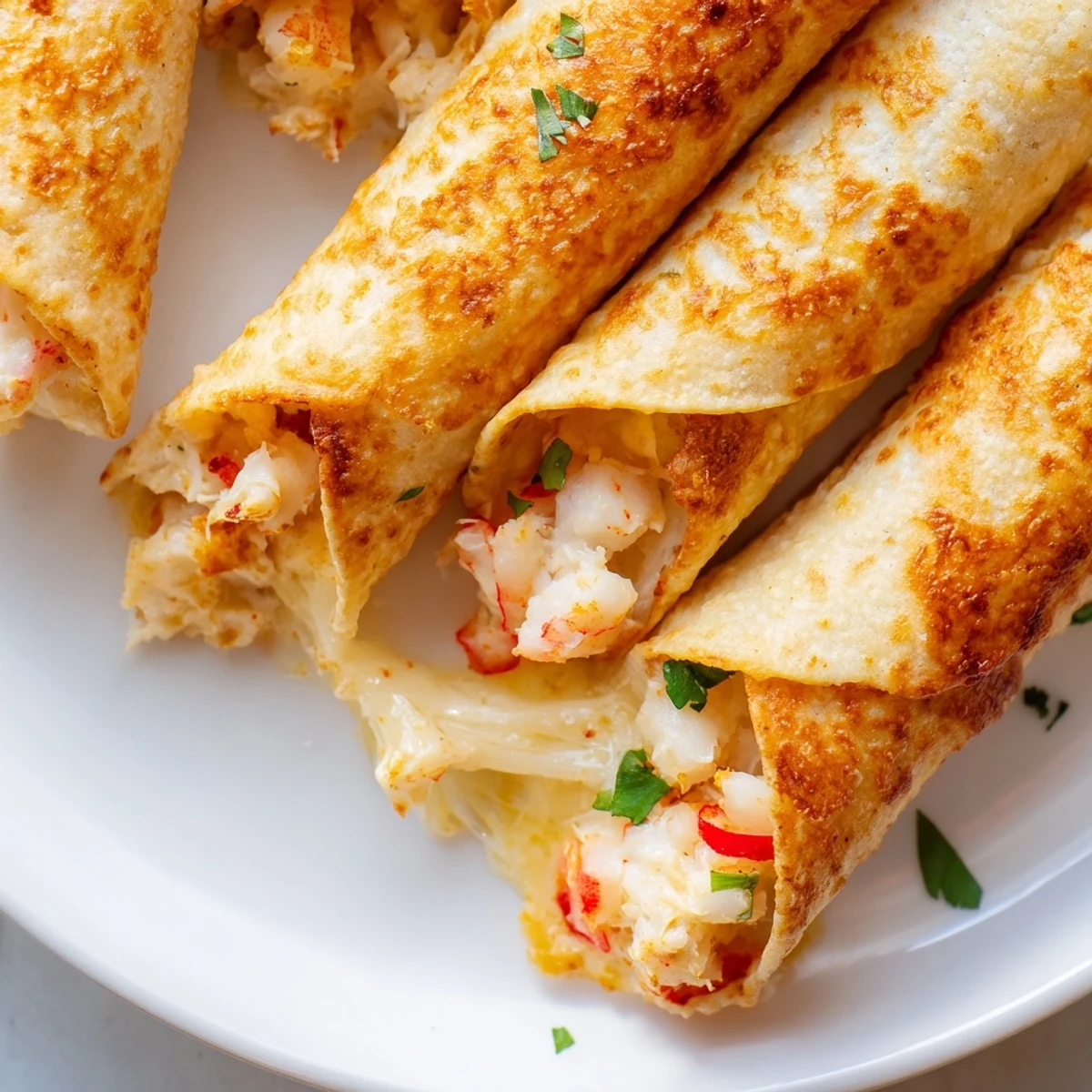 Crab and shrimp queso taquitos with melted cheese oozing from crunchy tortilla edges
