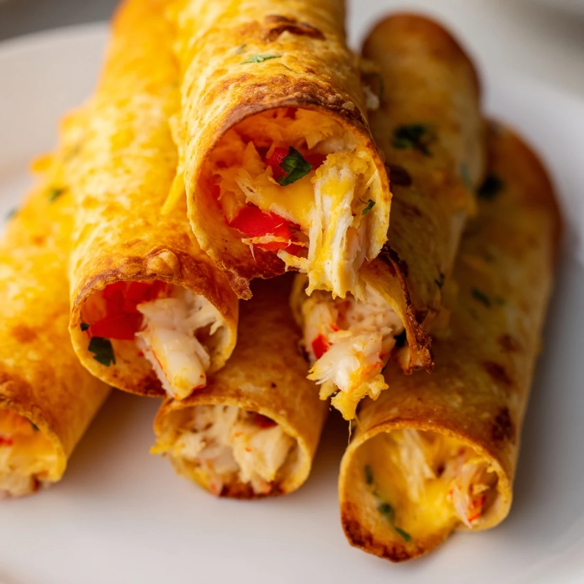 Golden crispy crab and shrimp queso taquitos arranged on a rustic serving platter