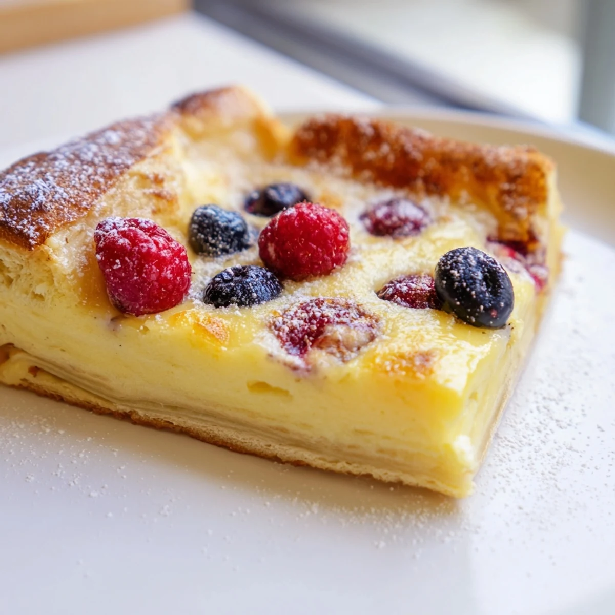 Golden baked custard brioche pizza with silky vanilla filling fresh from the oven