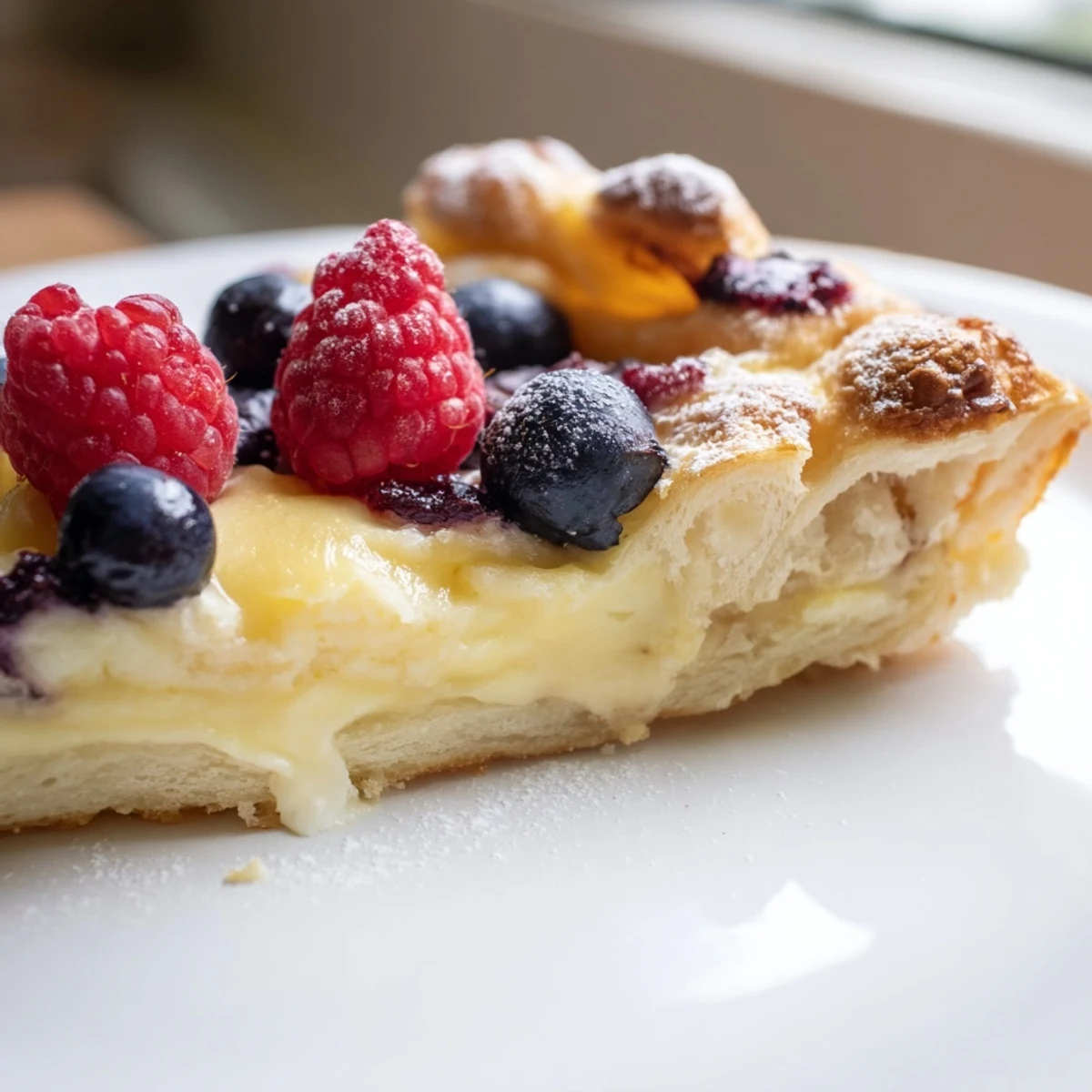 Warm baked custard brioche pizza sliced and dusted with powdered sugar on a wooden board