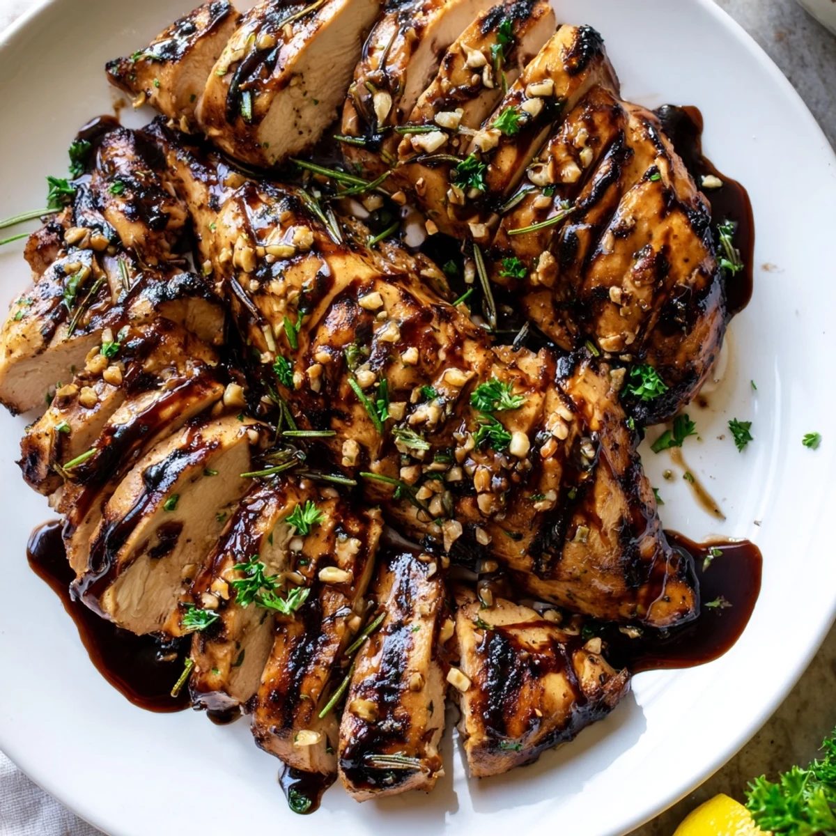 Juicy marinated balsamic chicken grilled golden with fresh rosemary and herb garnish