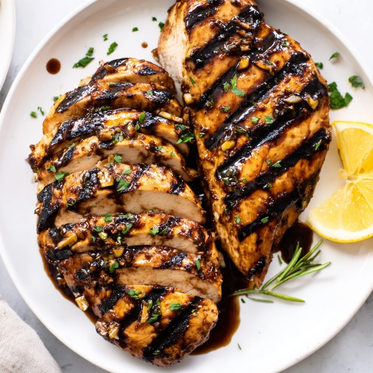 Tender balsamic chicken breasts sliced on a plate with roasted vegetables alongside