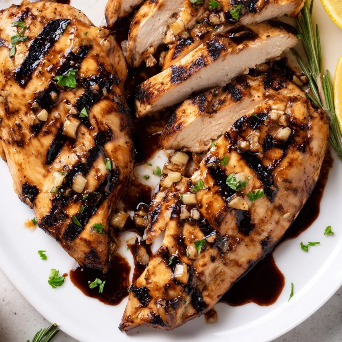 Caramelized marinated balsamic chicken fresh off the grill topped with chopped parsley