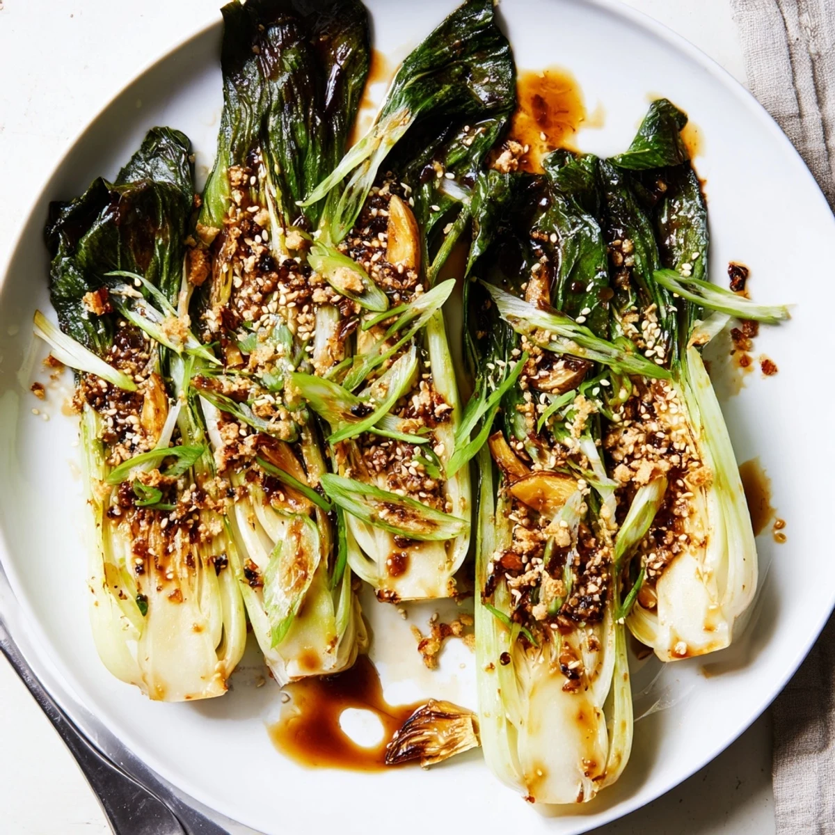 Golden caramelized garlic cloves scattered over tender seared bok choy halves