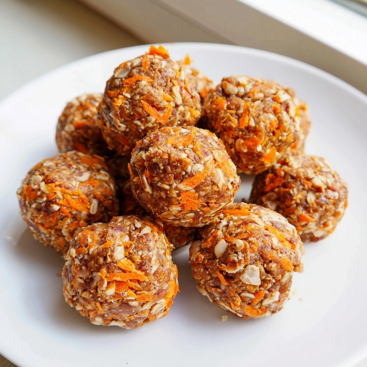 Carrot cake energy balls coated in shredded coconut on a rustic wooden board