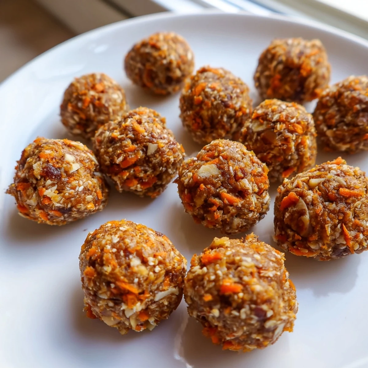 Golden carrot cake energy balls studded with walnuts and warm cinnamon spices