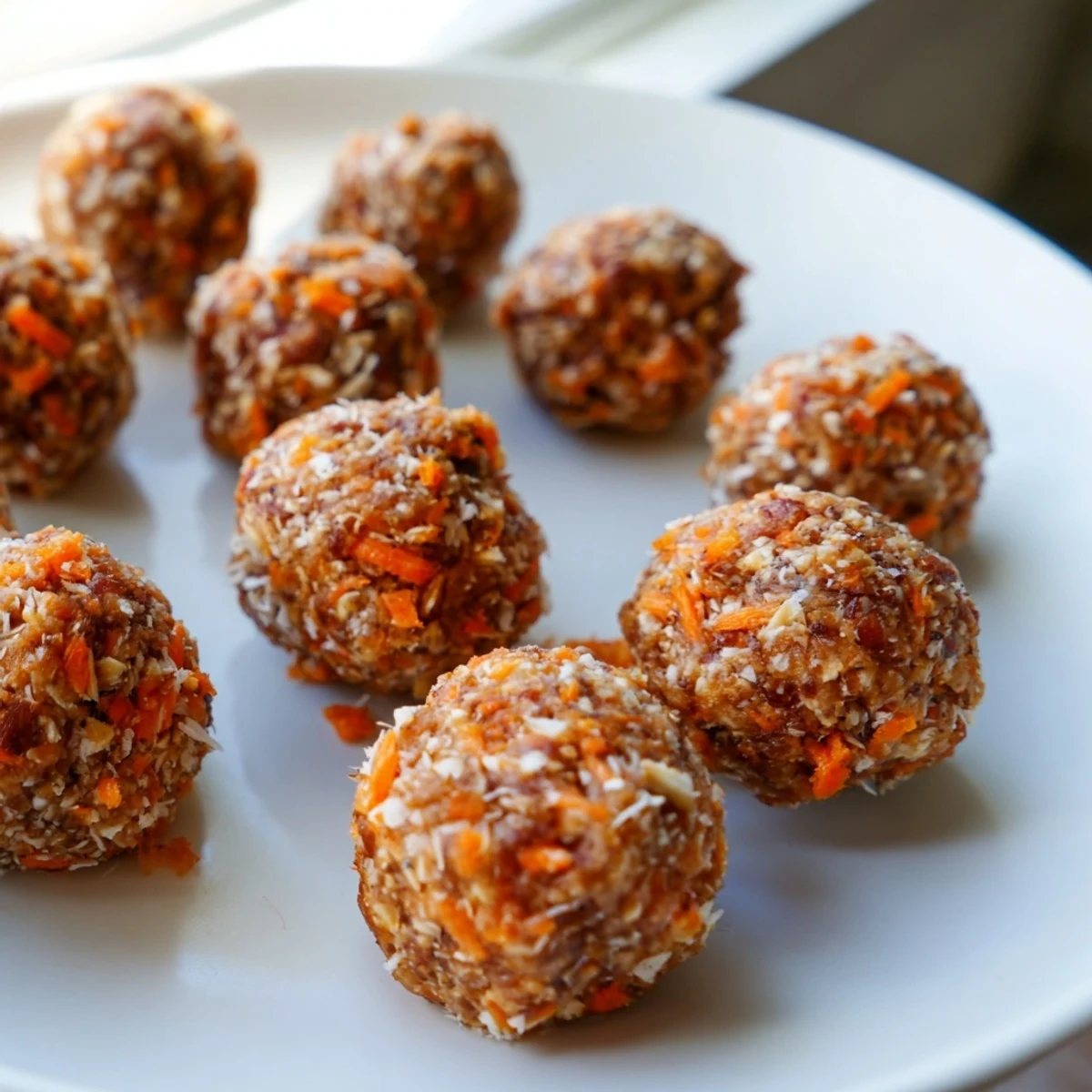 Chewy no-bake carrot cake energy balls arranged on parchment for healthy meal prep