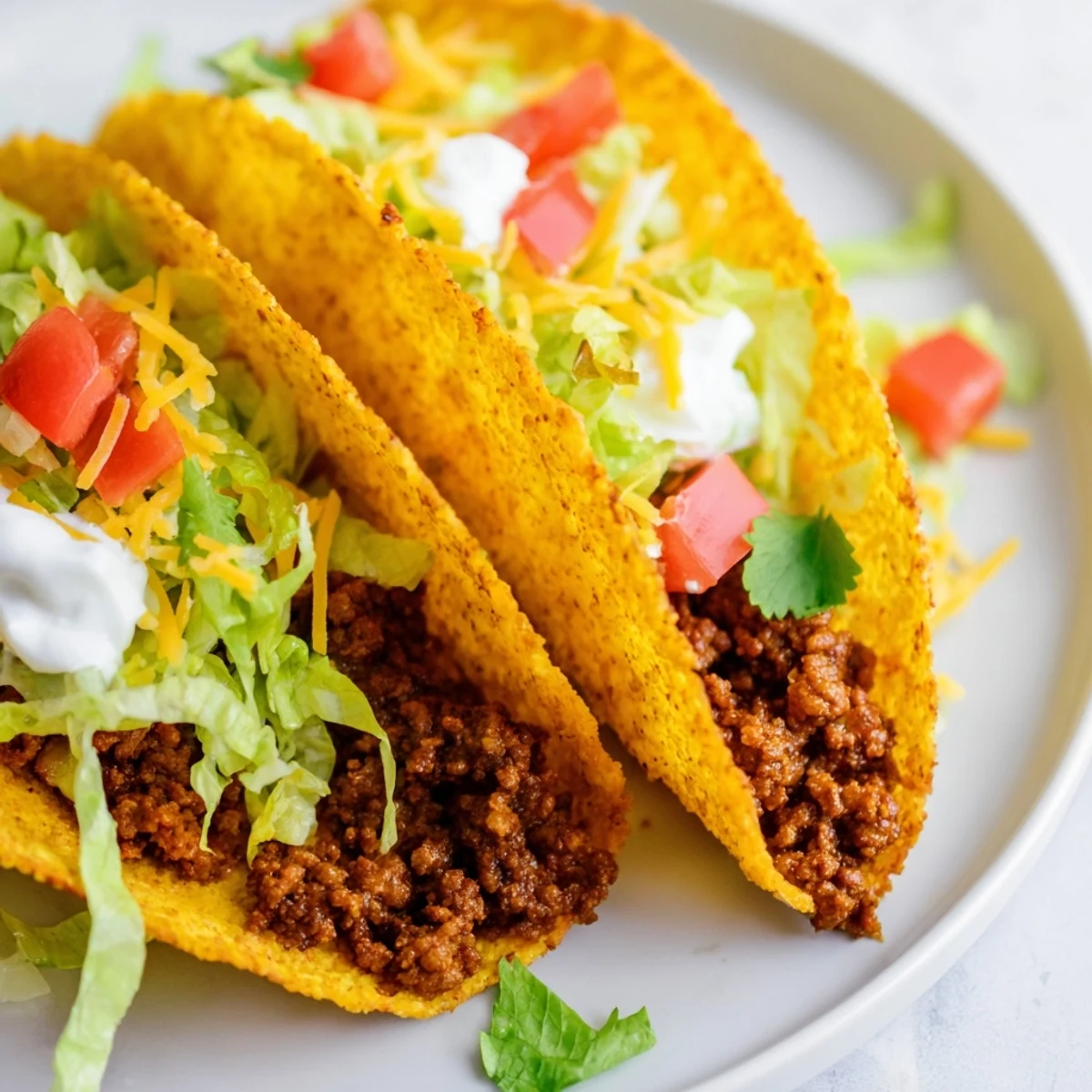 Golden crispy beef tacos loaded with seasoned meat, melted cheese, and fresh cilantro
