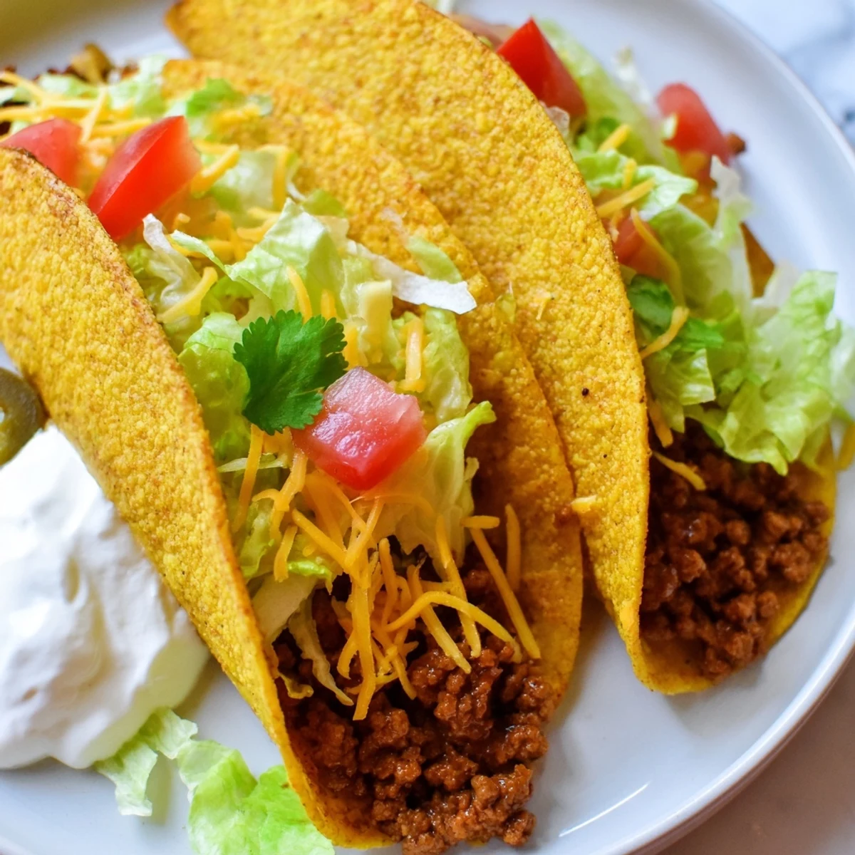 Crispy beef tacos with perfectly fried shells, savory filling, and vibrant toppings
