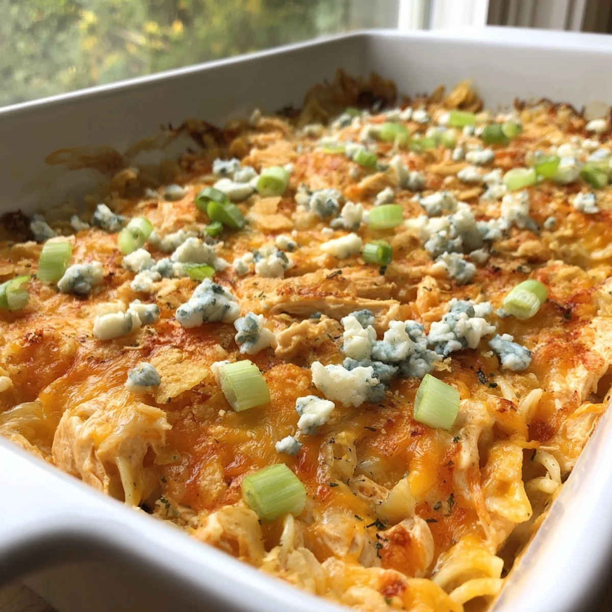 Creamy Cheesy Buffalo Chicken Dip Casserole topped with crumbled blue cheese and green onions
