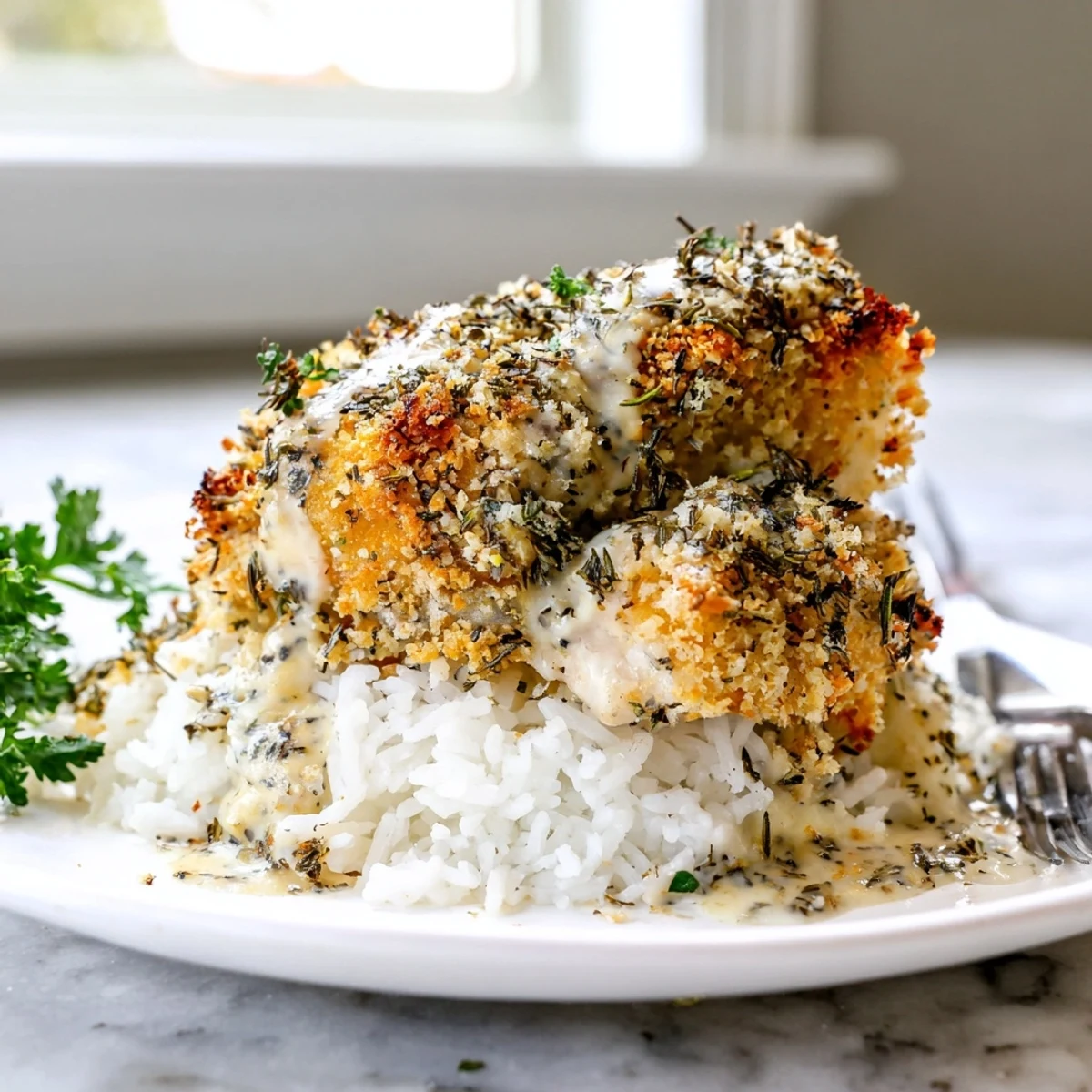Crispy golden herb crusted chicken thighs nestled in creamy garlic sauce over steamed white rice
