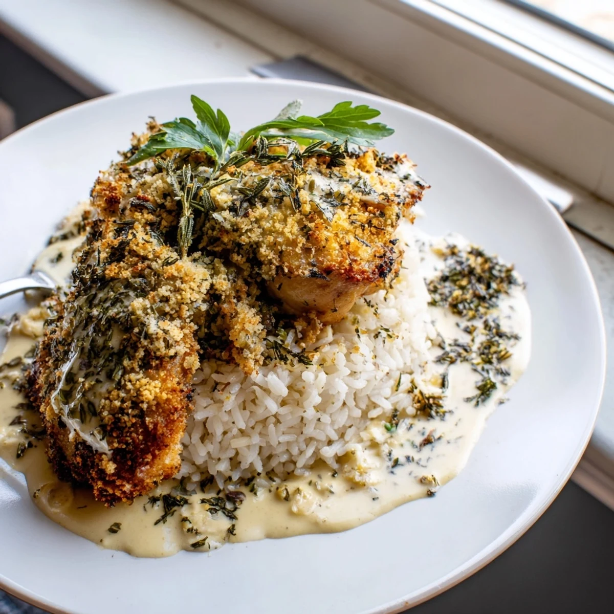 Juicy herb crusted chicken thighs with crackly golden skin swimming in rich Parmesan garlic cream sauce