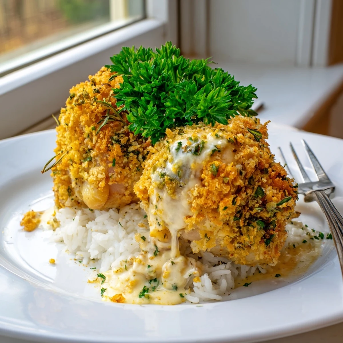 Pan-seared golden herb crusted chicken thighs drizzled with velvety garlic sauce served alongside buttery fluffy rice