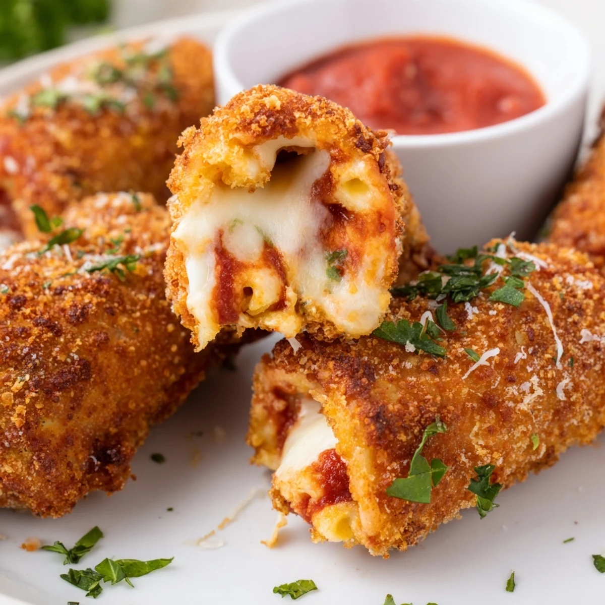 Crispy air fryer lasagna fritta with golden breadcrumbs served alongside warm marinara sauce
