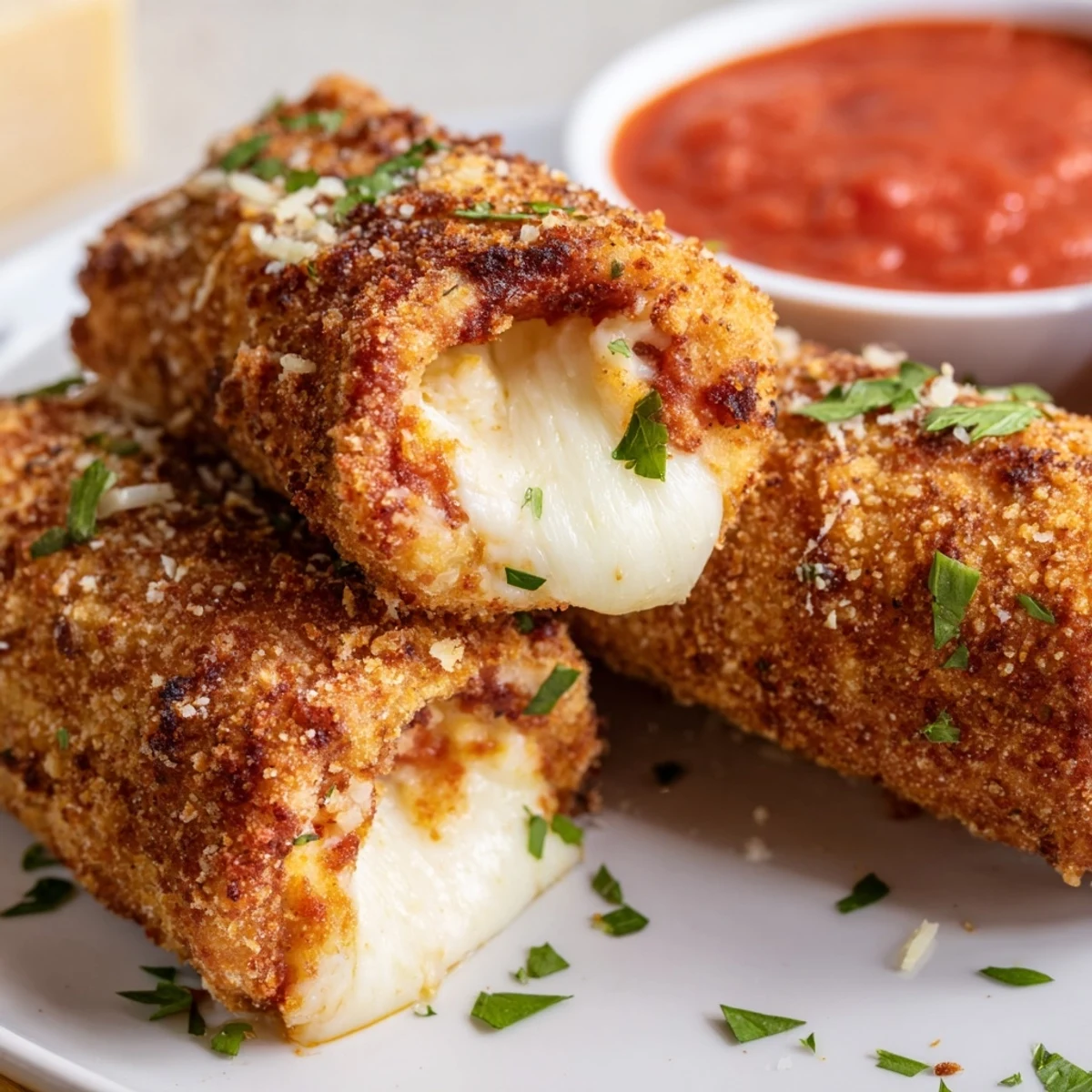 Air fryer lasagna fritta arranged on a platter with fresh parsley and dipping sauce