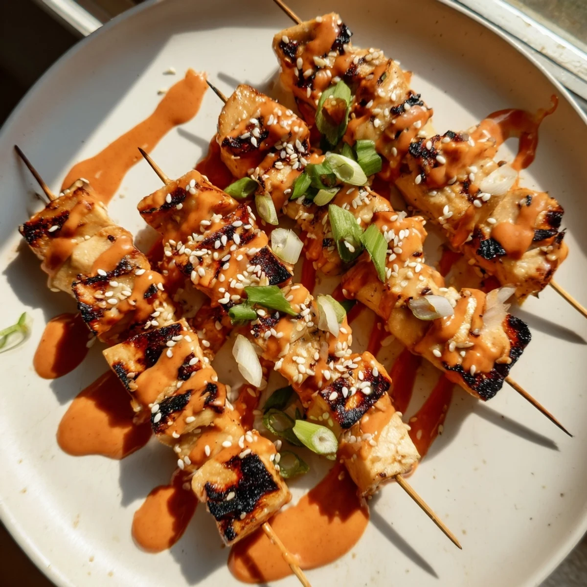 Juicy Bang Bang Chicken Skewers fresh off the grill with creamy spicy sauce