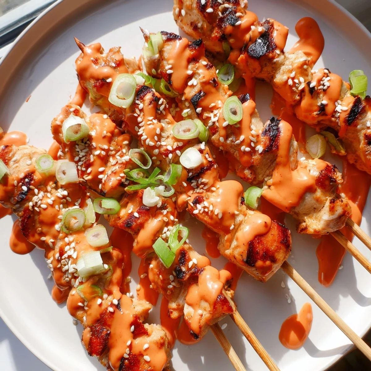 Golden grilled Bang Bang Chicken Skewers drizzled with sauce and sprinkled sesame seeds