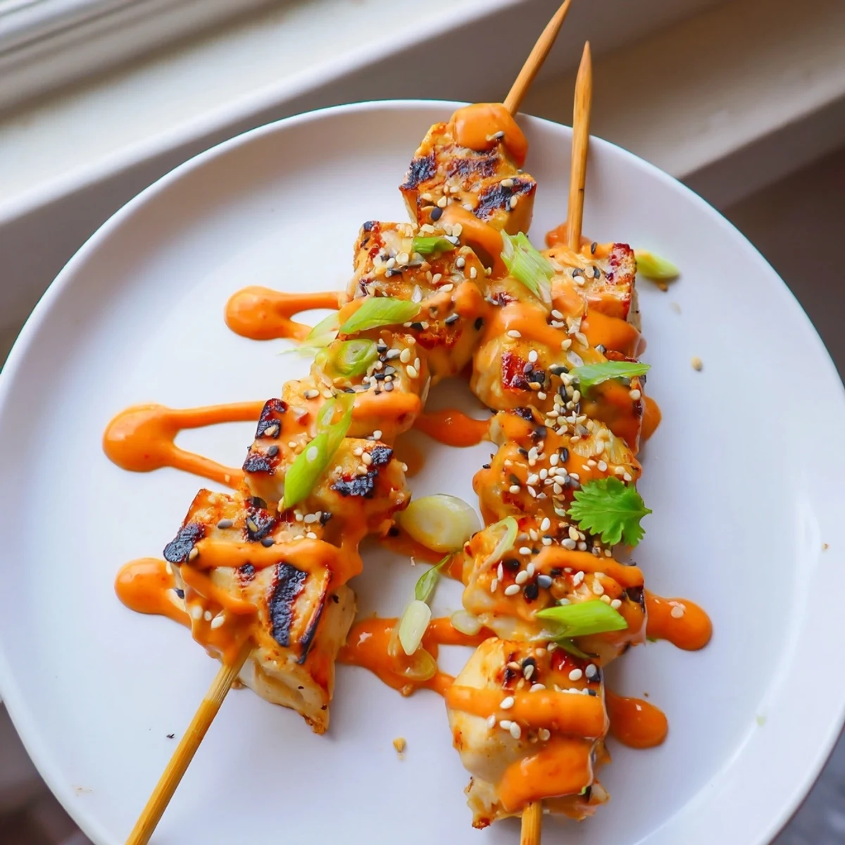 Close-up of charred Bang Bang Chicken Skewers on a platter with scallions