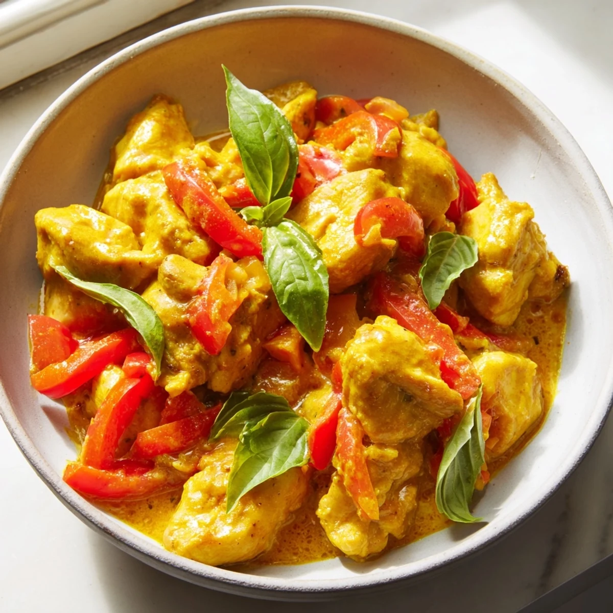 Golden basil chicken in creamy coconut curry sauce served over steamed jasmine rice