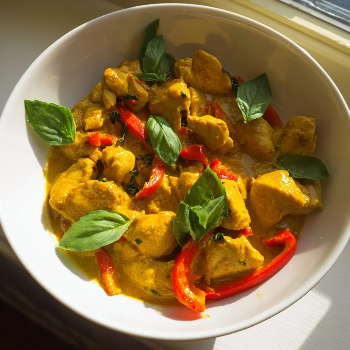 Tender basil chicken with coconut curry sauce garnished with fresh basil leaves
