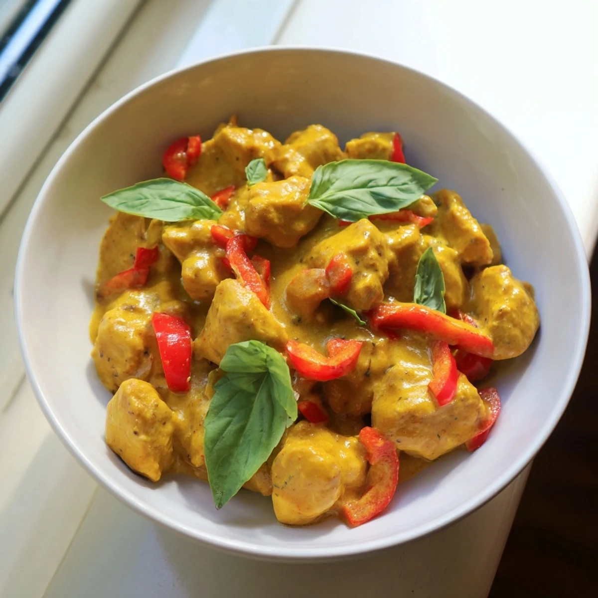 Creamy coconut curry basil chicken in a cast iron skillet with red peppers